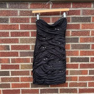 Nikibiki Black and Silver Rhinestone Sweetheart Strapless Scrunched Mini Dress